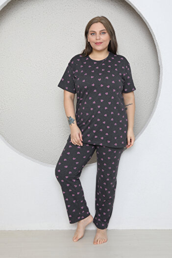 FAMES PİJAMA Plus Size Pink Small Heart Patterned Pajama Set