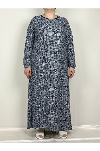 YAŞAR TRİKO Γυναικείο Navy Blue White Crew λαιμόκοψη μακρυμάνικο μανίκια ελαστικά σουέτ εποχιακό μητρικό φόρεμα