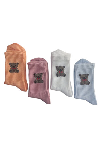 Pınar 4 Pack Girls' Teddy Bear Patterned College Socks