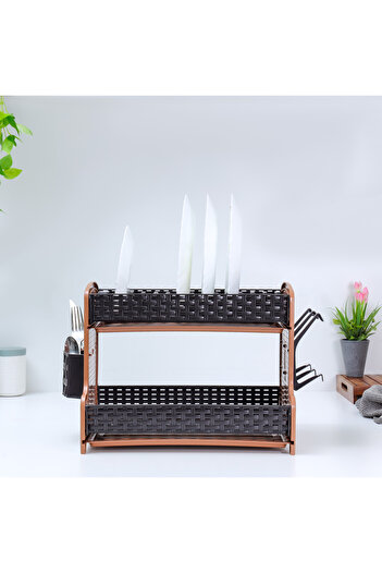 ROYALFORD Galaxy 2 Layer Rattan Dish Rack, Plastic Drip Tray, RF10798