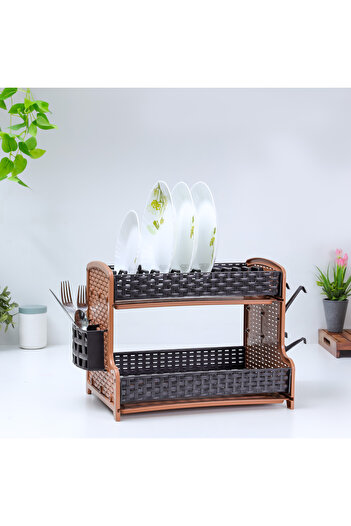 ROYALFORD Galaxy 2 Layer Rattan Dish Rack, Plastic Drip Tray, RF10798