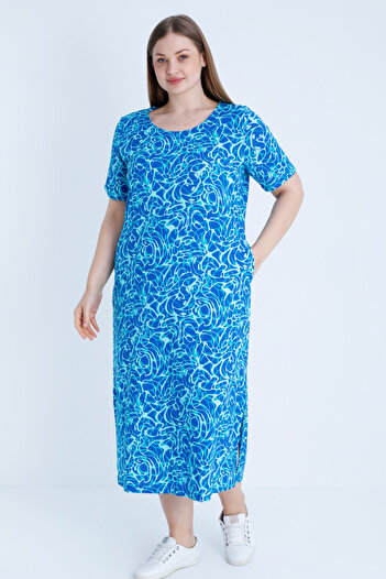 İntensive Patterned Short Sleeve Slit Plus Size Cotton Dress