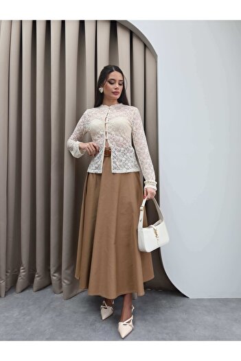 ESRAHELVACI Khaki Midi Gabardine Skirt