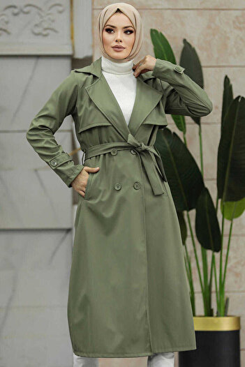 Neva Style Buttoned Khaki Hijab Trench Coat 6103Hk
