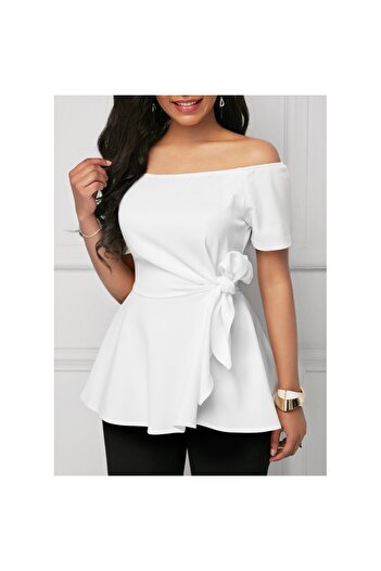 JANES Women's Short Sleeve Madonna Collar Side Tie Imported Crepe Blouse