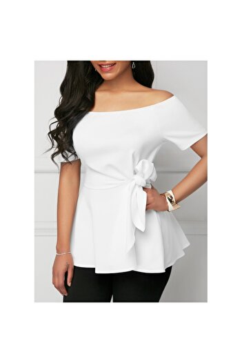 JANES Women's Short Sleeve Madonna Collar Side Tie Imported Crepe Blouse