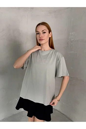 Cappmoda T-903 Painting Gray California Lettering Embossed Printed Casual Cotton T-Shirt