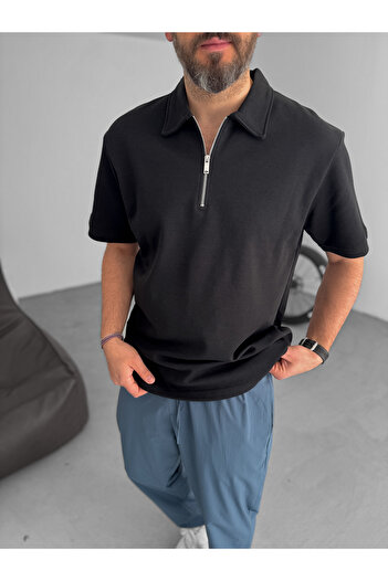 BYBASICMAN Black Collar Zippered Oversize T-Shirt Ke-7010
