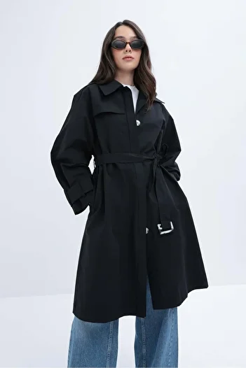 ALLDAY Black-Belted Pocket Windbreaker Trench Coat
