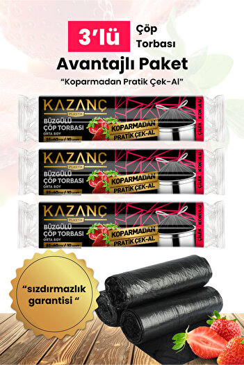 KAZANÇ Kazanç Büzgülü Çöp Poşeti Orta Boy Çilek Kokulu 3'lü