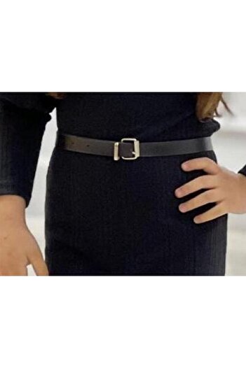 TRENDİMİZBİR Girl's Long Sleeve Knitwear Dress Set - Black Combination with Belt and Over-The-Knee Socks