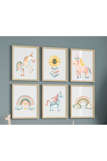Hiras Dizayn Set of 6 Posters Children's Room Bohemian Unicorns 3 Different Sizes Unframed Children's Room Decoration