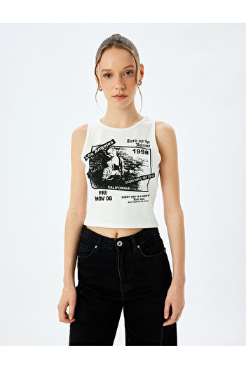 Koton Baskılı Crop Slim Fit Bisiklet Yaka Kolsuz Atlet