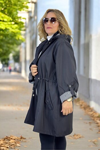 yagmurberen Removalable Hooded Foldable Sleeve Detail Bonded Fabric Extra Large Size Trench Coat