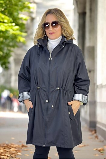 yagmurberen Removalable Hooded Foldable Sleeve Detail Bonded Fabric Extra Large Size Trench Coat