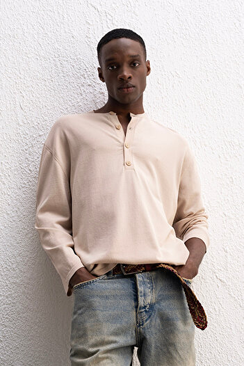 GIESTO Half Plain Knitted Beige T-Shirt