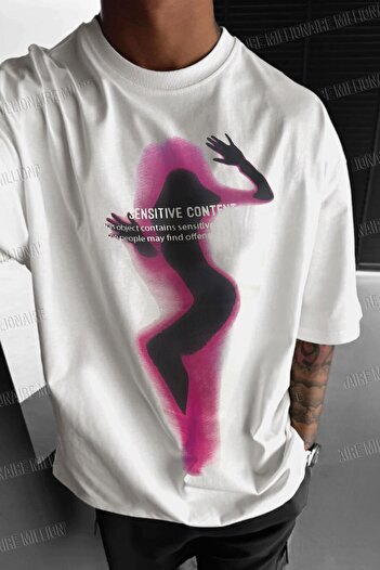Millionaire Men's Ecru White Oversize Fit Sensitive Content T-Shirt Silhouette Loose Wide Fit Loose Cut