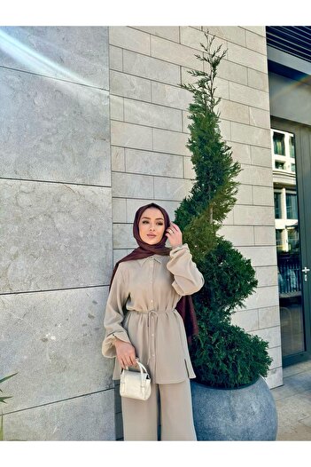 FMN Moda Hijab Lace-Up Stone Equivalent Long Tunic Shirt Loose Wide-Leg Pants Double Stylish Casual Set