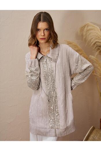 Kayra Sequin Garnished Jacquard Jacket Stone