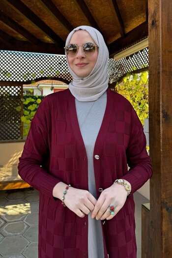 Rabia Şamlı Checker Patterned Knitwear Cardigan Claret Red Shoes