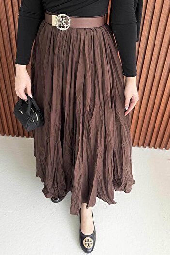 Melike Tatar Brown Crinkle Voile Elastic Skirt