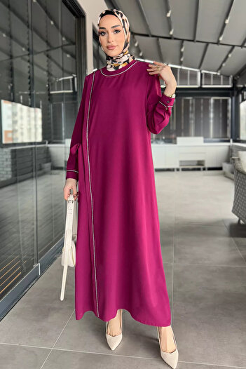 julude Plum Women's Waist Belted Stone Embroidered Large Size Hijab Dress