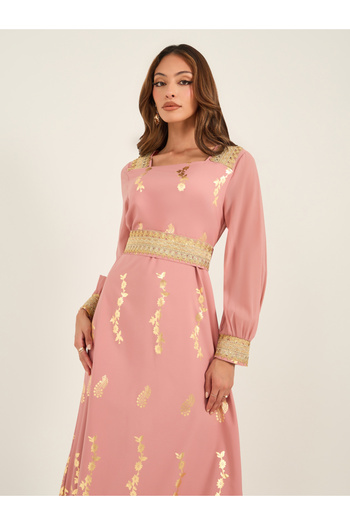 Keenly By Styli Foil Printed Square Neck Midi Dress with Lace Belt Detail