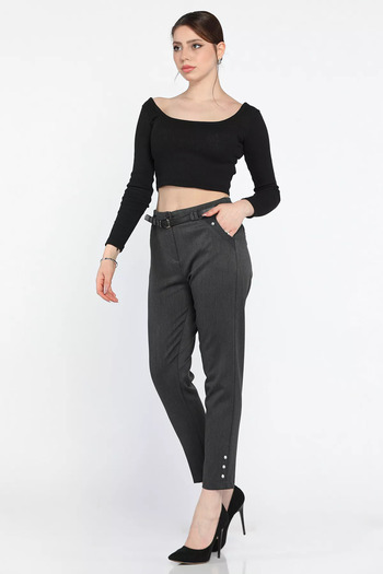 GÜLSELİ Anthracite Large Size Women's Fabric Trousers with Stone Detail and Belt