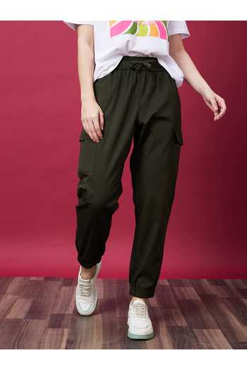 Globus By Styli Solid Mid-Rise Elasticated Waist Cargo Joggers with Drawstring