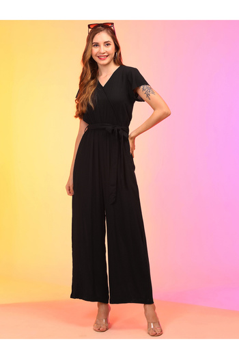 Globus By Styli Solid V-Neck Waist Tie-Up Wide Leg Jumpsuit