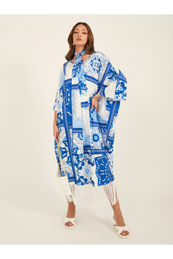 Keenly By Styli Printed Batwing Sleeve Kaftan Dress with Tassel Detail