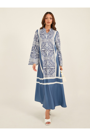 Keenly By Styli All-Over Print Notch Neck Flared Kaftan