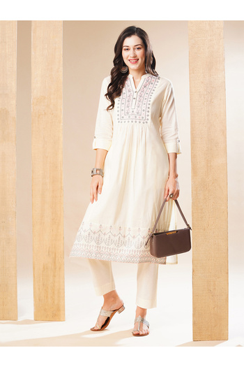 Globus By Styli Embroidered Pleated Straight Kurta and Pant Set