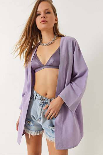 Bianco Lucci Women's Linen Textured Short Basic Kimono 60261496