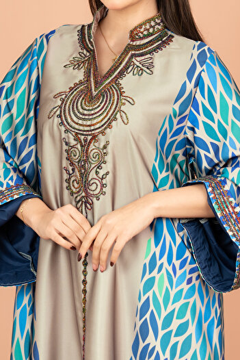 IKKXA Mandarin Collar Embroidered Jalabiya