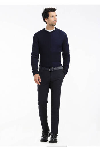 Ramsey Navy Blue Slim Fit Casual Cotton Blend Straight Trousers
