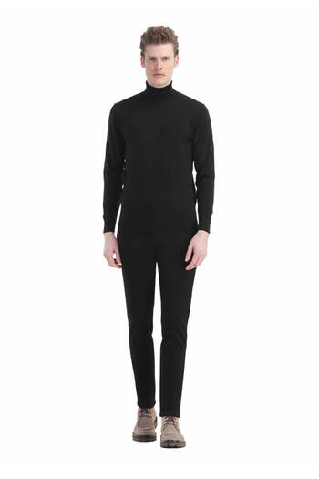 Ramsey Black Full Turtleneck Plain Knit 100% Wool Sweater