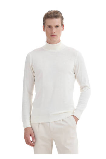 Ramsey Ecru Full Turtleneck Plain Knit Wool Blended Sweater Sweater