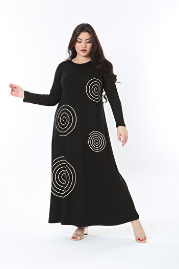 Şans Women's Plus Size Black Crew Neck Lycra Long Sleeve Dress 65N38858