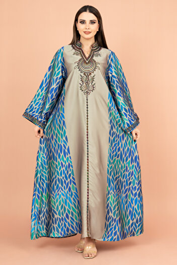 IKKXA Mandarin Collar Embroidered Jalabiya