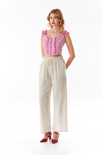 Fulla Moda Tie-Up Linen Trousers with Elastic Waist