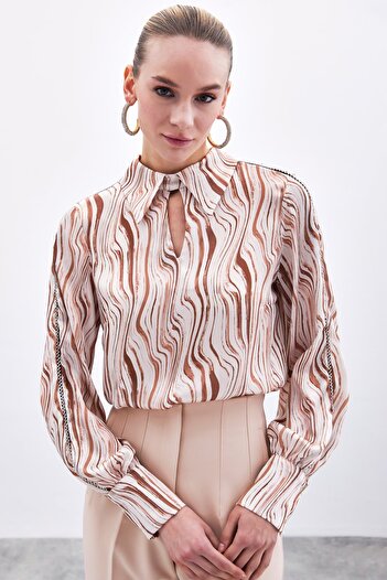 Sateen Patterned Blouse with Sleeve Accessories - Camel