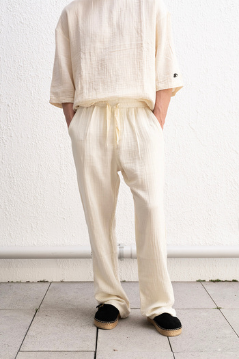 GIESTO Beige Pants with Draped Lace Detail