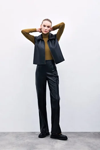 Sateen High Waist Leather Pants - Black