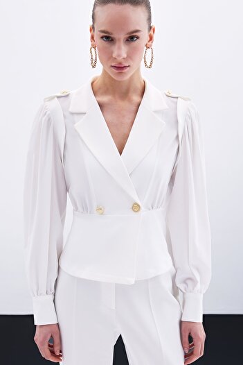 Sateen Double Breasted Short Jacket - Ecru