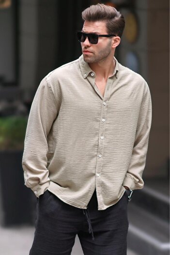 Madmext Khaki Long Sleeve Oversize Men's Shirt 6735