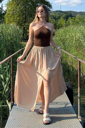 Madmext Beige Long Women's Skirt - Elastic Waist and Slit Detail MG2062