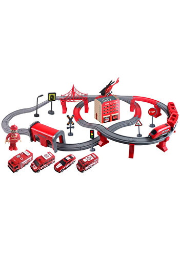 Salamandra Interactive Train Set with Firefighter Theme, Helicopter, Cars, Figurine, 92 pieces, Salamandra Kids