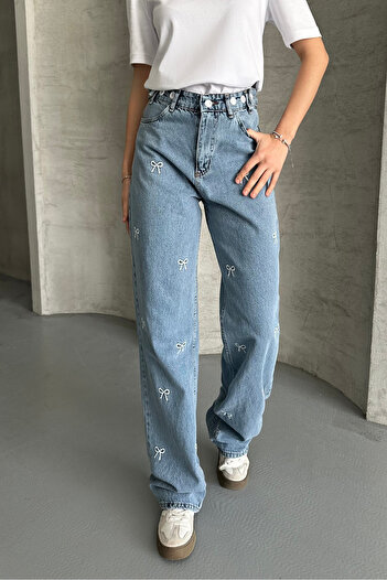 macharel jeans Kurdele Nakışlı Straight Fit Geniş Paça Jean