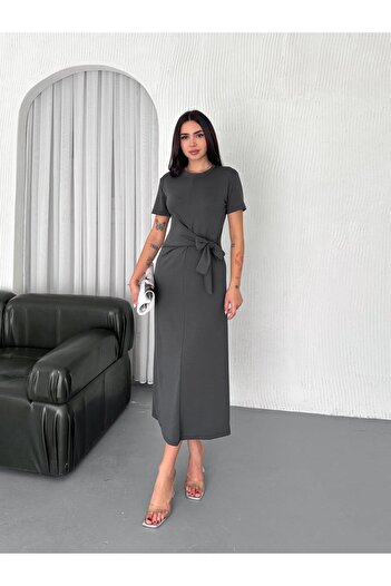 Güler Casual Anthracite Color Front Tie Modal Dress